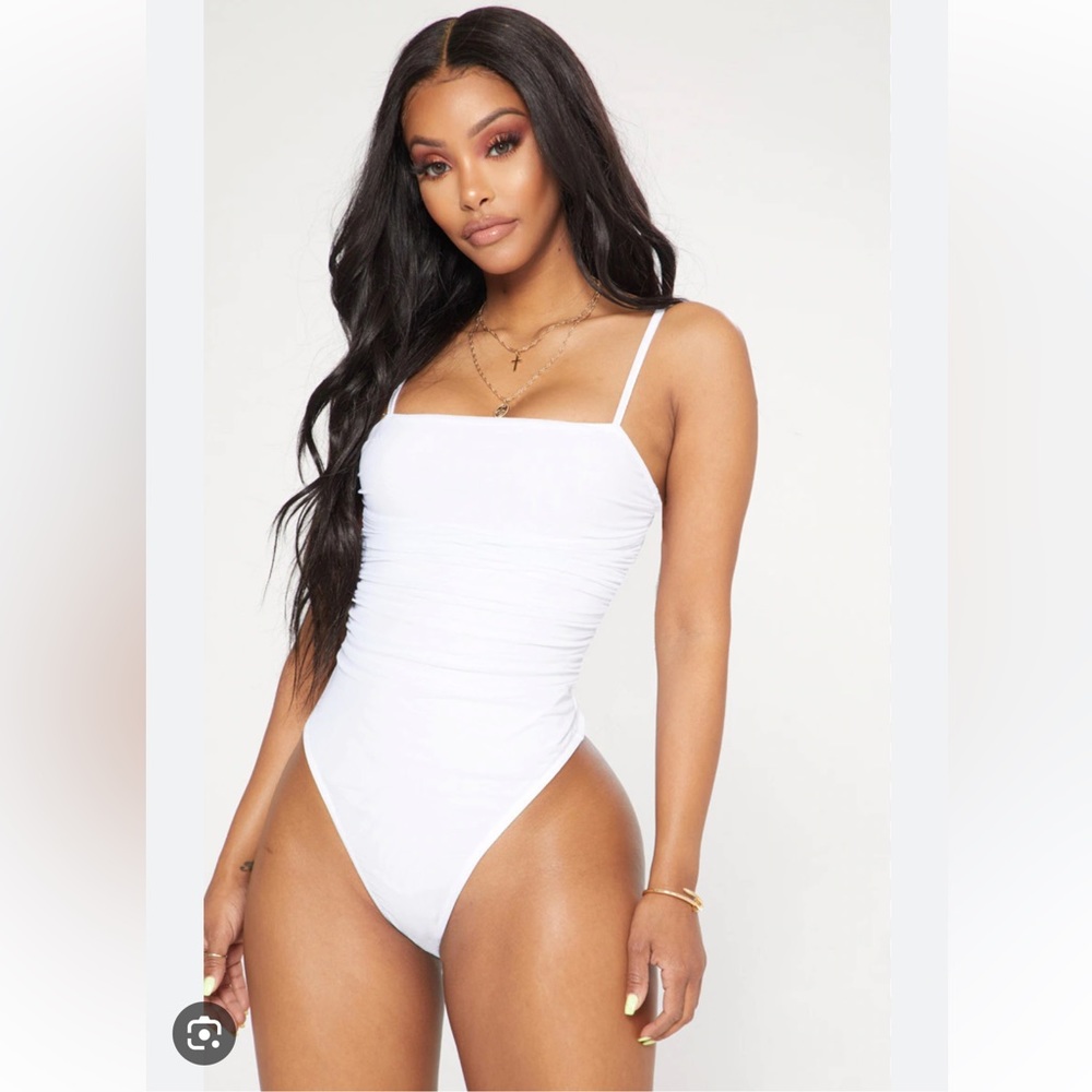 PrettyLittleThing Shape White Mesh Ruched Thong Bodysuit